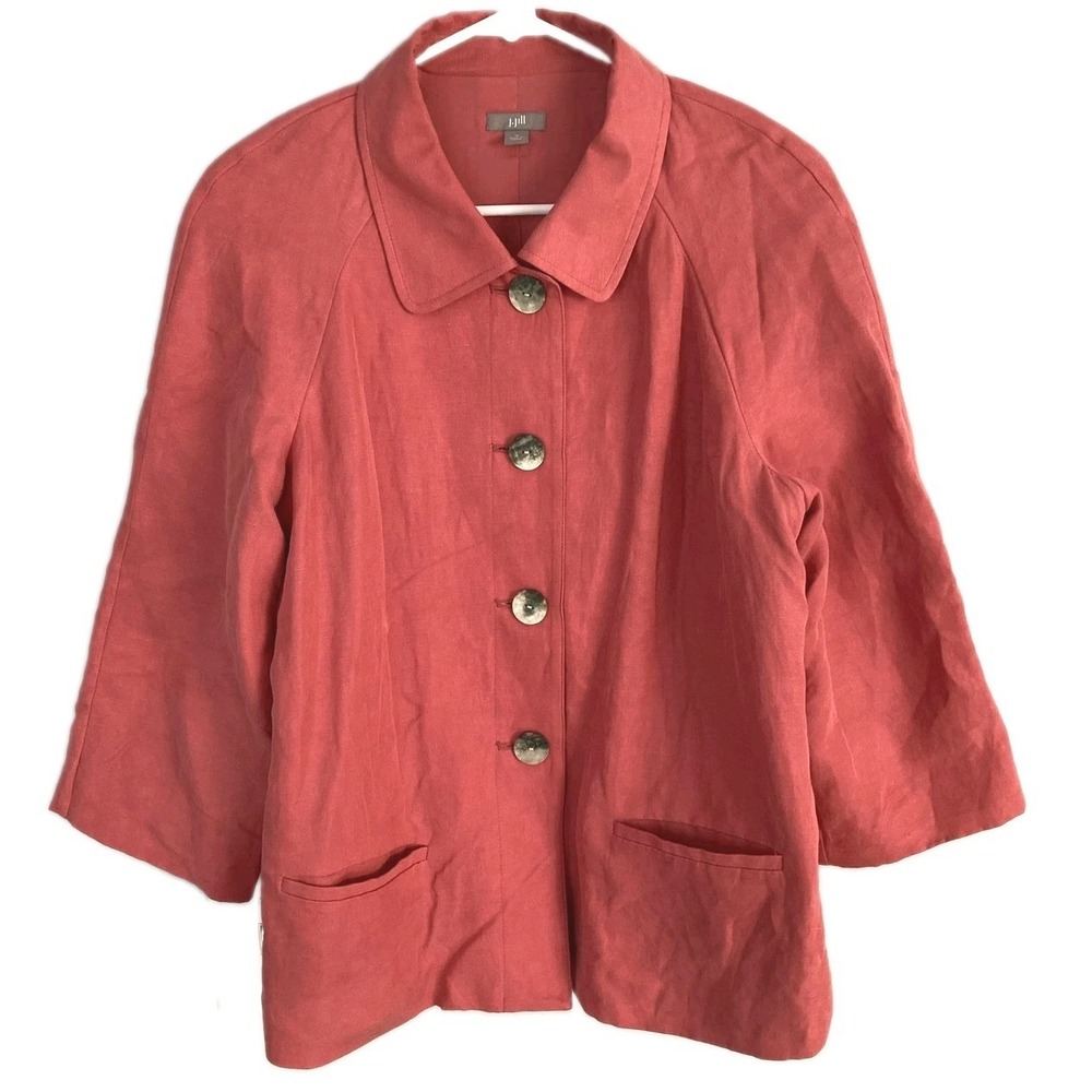 J Jill Jacket Womens M Pink Silk Linen 3/4 Sleeve Button Up Pockets Tie Back EUC